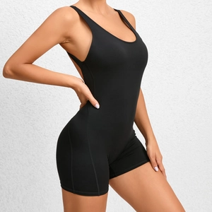 Women's black one-piece yoga bodysuit for fitness with slim fit and sleeveless design