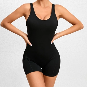 Women black one-piece yoga jumpsuit with U-neck and bodycon fit for fitness training