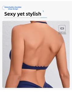 Detail view of the deep blue yoga set with detachable straps and open back design