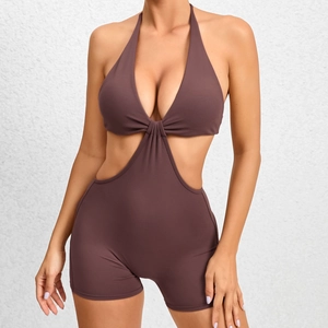 Brown cutout one-piece yoga jumpsuit with halter neck and elastic stretch fabric