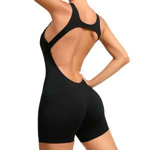 Women's black one-piece yoga bodysuit with high-stretch backless design for fitness