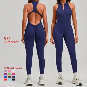 Women Sleeveless Backless Yoga Jumpsuit Zipper Front Athletic Unitard Scrunch Butt Fitness Bodysuit Gym Top And Bottom