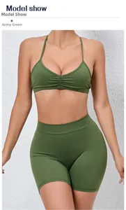 Army green quick-dry yoga set featuring a pleated sports bra and high-waisted gym shorts