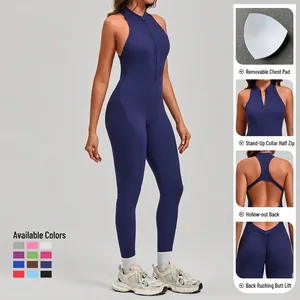 Dark blue one-piece yoga unitard with stand collar zipper and hollow back design