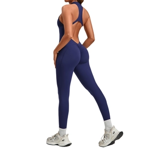 Dark blue backless yoga jumpsuit with scrunch butt lifting design for fitness