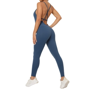 Rückenfreier V-Ausschnitt Yoga-Jumpsuit für Damen in Staubblau mit gekreuzten Trägern