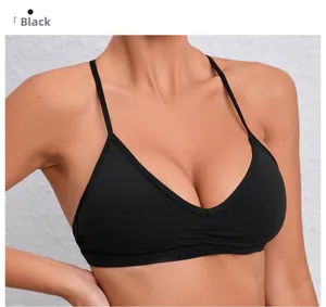 Détail d'une brassière de sport noire avec col en V, fines bretelles et plis poitrine