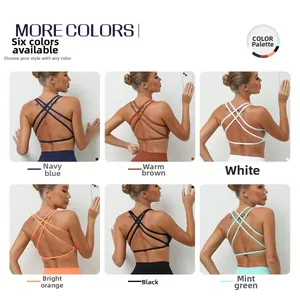Detailed six-color grid view showing the strappy criss-cross back design of the sports bra