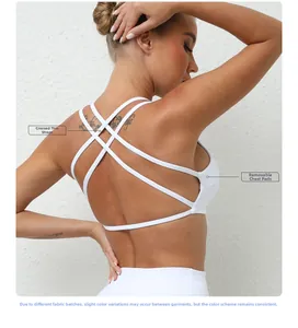 White sports bra with cross thin shoulder straps and removable pads shown from the back