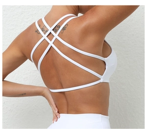 Macro view of white yoga bra featuring a stylish multi-strap criss-cross back design