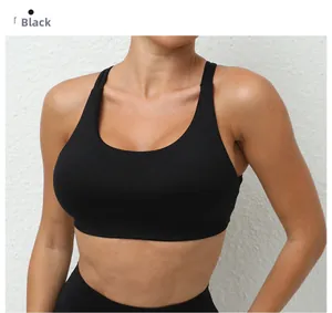 Close-up of black breathable yoga sports bra featuring wide straps and racerback design