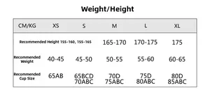 Size guide for women fitness yoga set including height, weight and cup measurement
