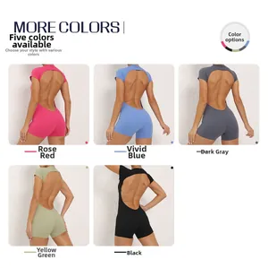 Back view showing open back design and five vibrant colors for women yoga bodysuit