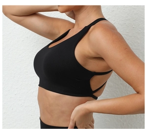Detail view of the side-support structure on a black high-stretch sports yoga bra
