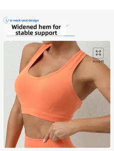 Détail d'un soutien-gorge de sport orange avec col en U et ourlet large de soutien
