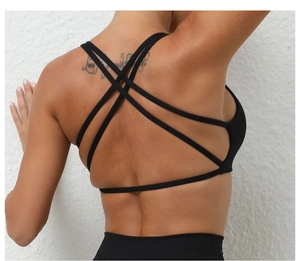 Detail view of a black sports bra featuring a complex multi-strap cross back design