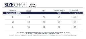 Size chart for yoga jumpsuits with bust, hips and length measurements in centimeters