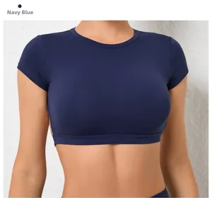 Close-up of navy blue tight crop top featuring raglan sleeves and quick-dry fabric