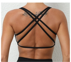 Detail of cross-back straps on black breathable sports bra for yoga and running