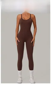 Front view of a coffee brown yoga bodysuit with high-stretch fabric and V-neck straps