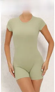 Sage green short sleeve bodysuit with backless design and premium nude-feel fitness fabric