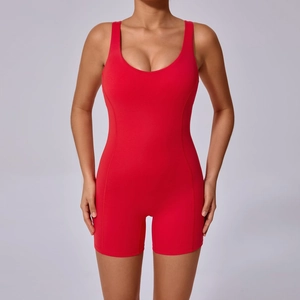 Close-up of a red high-elasticity bodysuit featuring a U-neck and wide shoulder straps