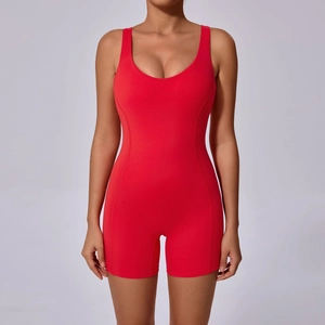 Front view of high elasticity red sleeveless backless one-piece yoga jumpsuit