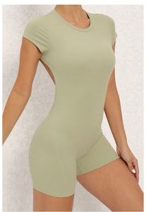 Close-up of backless avocado green yoga bodysuit with seamless stitching details
