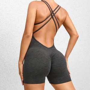 Combinaison de Yoga Femme Fronces Fessier Dos Croisé Sans Manches Barboteuse Athlétique Une Pièce Bodysuit Chiné Gym Sportswear