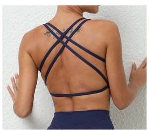 Detailed back view of navy blue yoga bra with cross straps and open back design