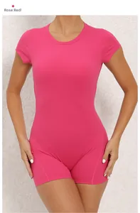 Close-up of rose red yoga bodysuit with short sleeves and high-elasticity fabric texture