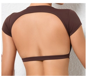 Close-up of dark brown tight-fitting yoga top featuring a stylish large open-back cutout