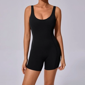 Detailed close-up of wide U-neck straps and smooth elastic fabric on black yoga bodysuit