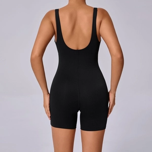 Rear view of black high-elastic backless yoga bodysuit showcasing slim fit and open back design