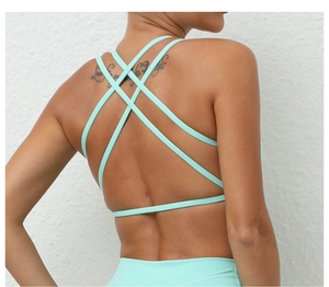 Close-up of the intricate multi-strap crisscross back design on a mint green sports bra