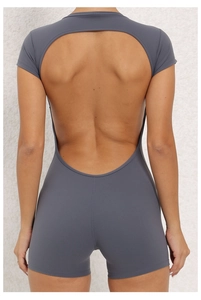 Deep gray yoga bodysuit with open back and short sleeves for fitness and workout