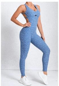 Close-up of cross-back straps and hollow waist design on blue marl yoga bodysuit
