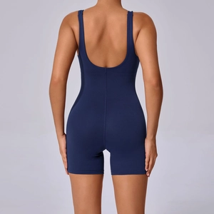 Detail view showing the deep blue backless yoga romper with high elasticity fabric