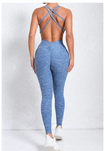 Detail view of the criss-cross back straps and scrunch butt yoga bodysuit in marl blue
