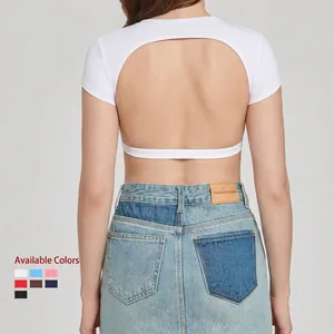 Women's Sexy Open Back Yoga Top Athletic Crop Top Short Sleeve Moisture Wicking Fitness T-Shirt Quick Dry Workout Top