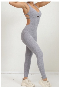 Detail of space dye gray yoga bodysuit featuring side waist cut-outs and V-neckline