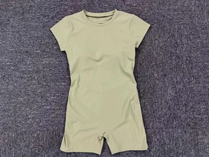 Detailed view of olive green open back yoga bodysuit with built-in padding and slim fit cut