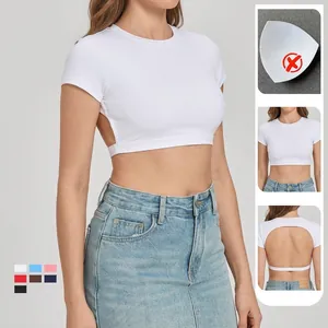 White short sleeve open back yoga top with seamless design and crew neck athletic fit