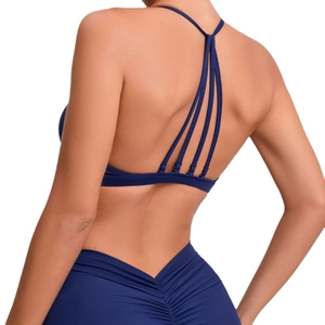 Ensemble de yoga bleu foncé avec brassière multi-brides et legging froncé à taille en V