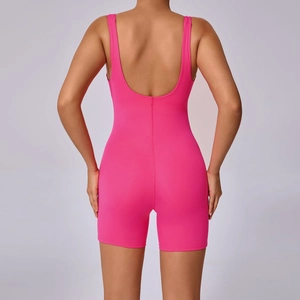 Back view of a high-stretch rose red yoga bodysuit with U-shape open back and wide straps