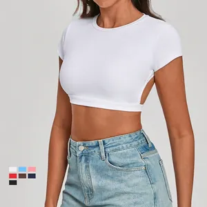 White quick-dry backless yoga crop top for women with elastic short sleeves and open back