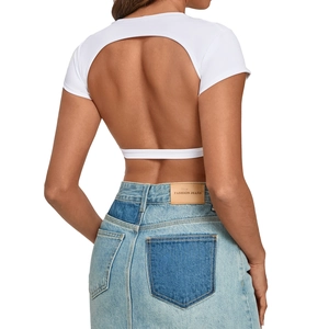 White open back short sleeve yoga crop top with high waist patchwork denim skirt back view