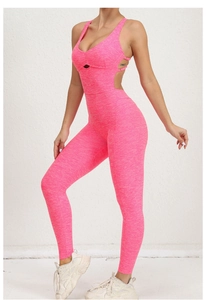 Pink marl yoga jumpsuit detail showing front cutout and crisscross back straps