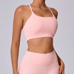 Rosa Yoga-Set mit überkreuzten Trägern, Sport-BH und High-Waist-Leggings für Fitness