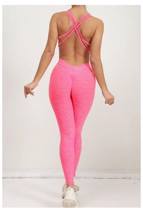 Detail of cross-back yoga bodysuit showing peach lift design and pink heather texture